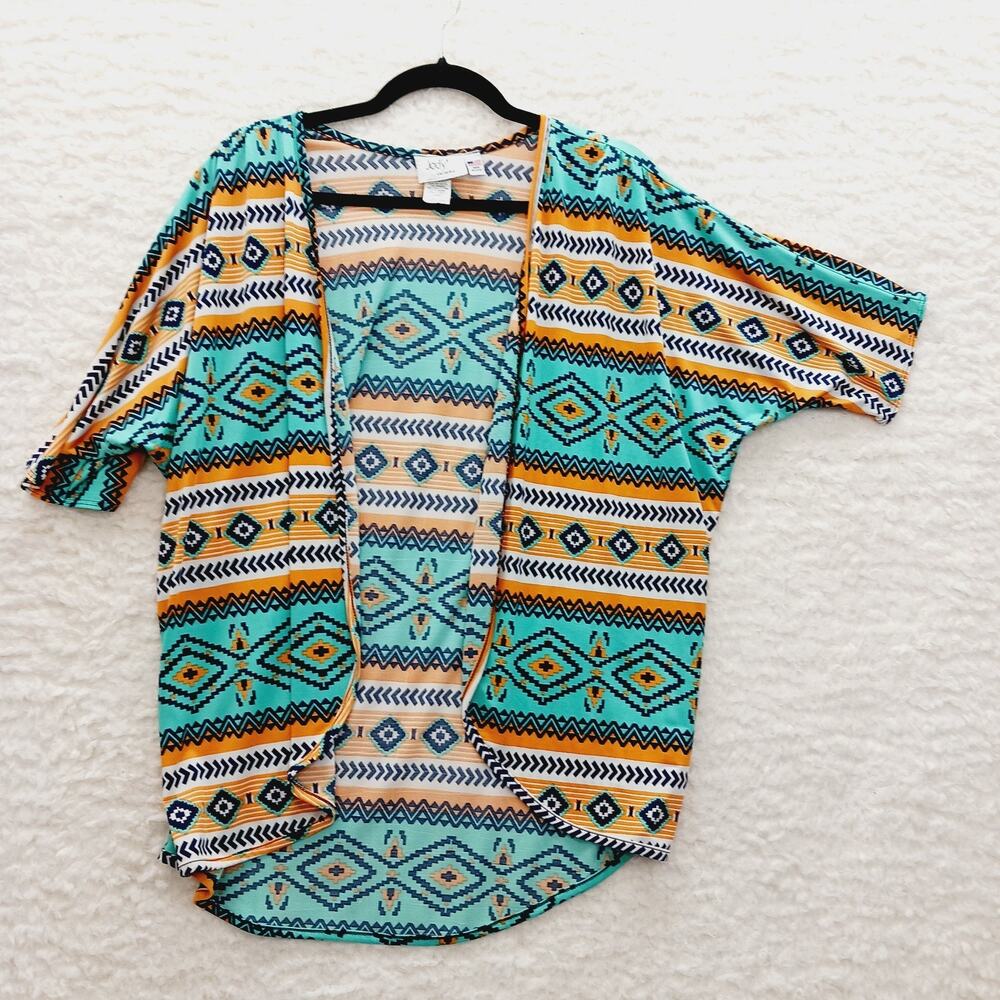 Kimono Blouse Swim Cover Teal Orange Aztec Southwest Cowgirl Tribal Boho Size L